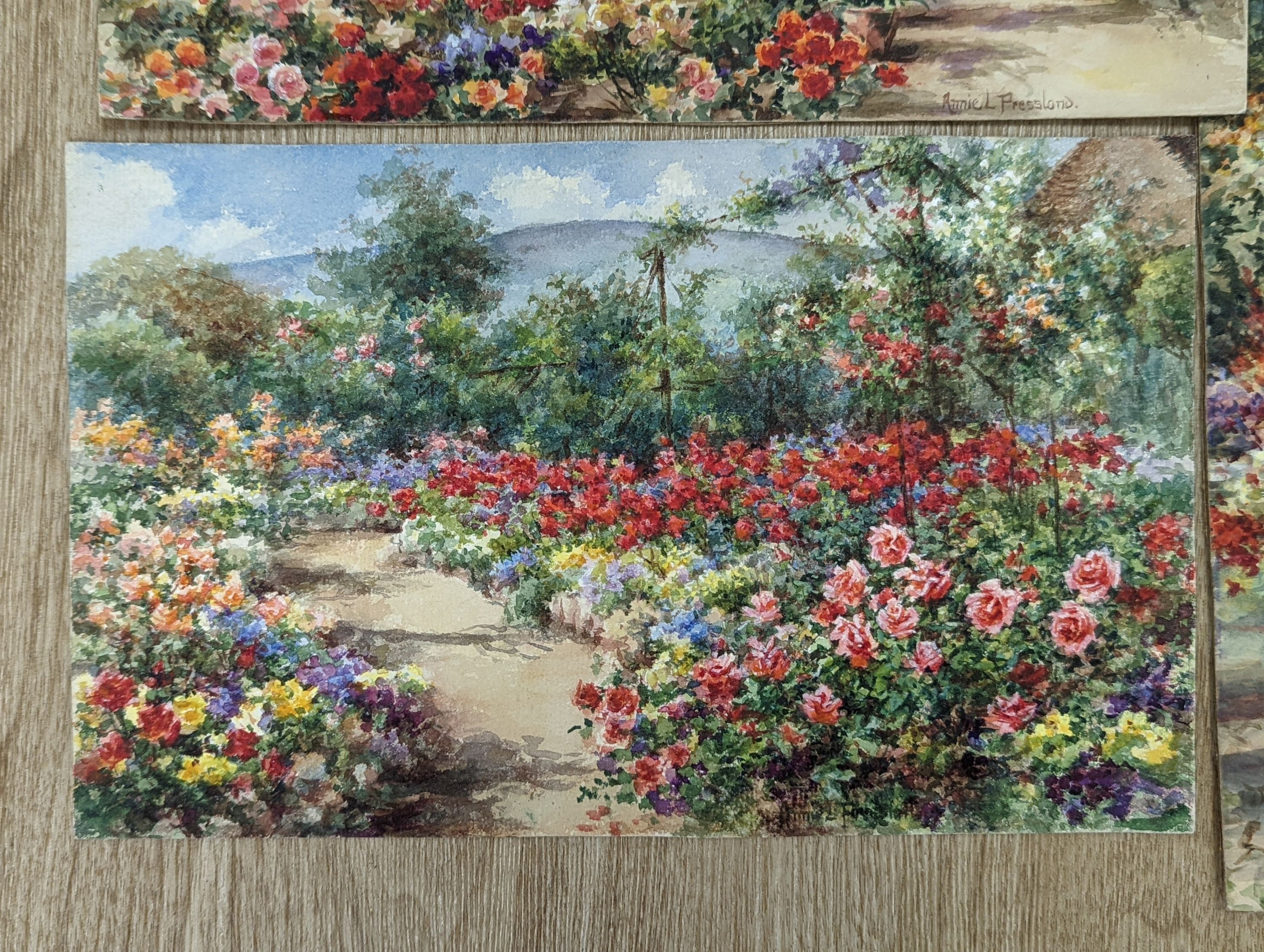 Annie Pressland (1862-1933), four watercolours; The Pergola, In The Rose Garden, The Rose Garden , Wannock & The Tea Court, Wannock, signed, 17.5 x 28cm. and two watercolours by George Goodall; A Glimpse of the Nile & An